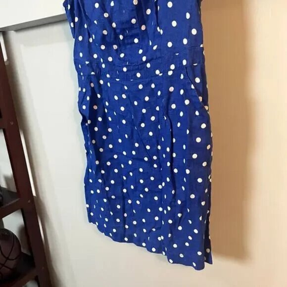Boden Rae Linen Dress Blue & White Scattered Spot Polka Dot A-Line Dress SZ 8R - Picture 7 of 13